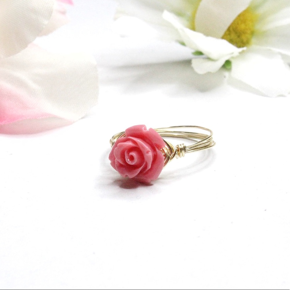 Handmade Wire Wrapped Rose Flower Pink Ring